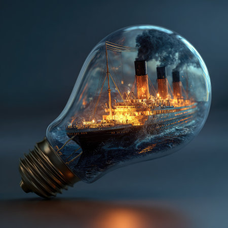 An ocean liner sits encapsulated within a clear light bulb, floating on stylized waves. The scene uses warm interior lighting and cool external tones, creating a dramatic contrast. The ship has many lights. This creative imagery is suitable for conceptual design or illustrating ideas about memory.の素材