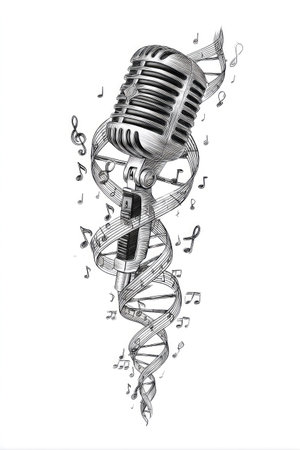 An illustration features a retro microphone entwined with a DNA helix and musical notes. The composition employs a monochrome palette, highlighting texture and form. The design suggests creative concepts, perhaps related to music, genetics, or audio. Suitable for various editorial and commercial applications.の素材