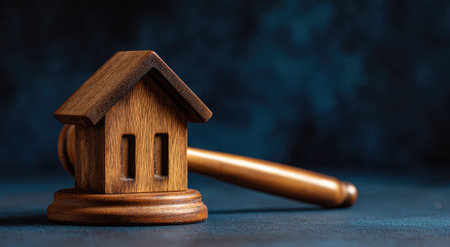 A close-up captures a small wooden house figurine resting on top of a wooden gavel. The scene presents a dark backdrop with the house in focus. The composition possibly suggests themes of property, ownership, or legal aspects. Suitable for illustrating ideas related to real estate, finance, or design.の素材