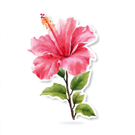 A close-up watercolor illustration depicts a blooming pink hibiscus flower. The flower exhibits a layered petal structure in varying shades of pink, complemented by green leaves and a dark stem. The art style appears vibrant and detailed, possibly suitable for designs or decorative projects. The subject is isolated on a white background, suggesting potential use for a variety of commercial applications.の素材
