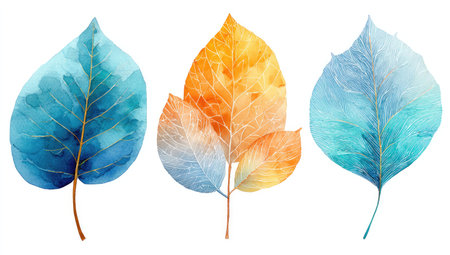 This watercolor illustration showcases three leaves in varying colors: teal, orange, and blue. The artwork exhibits a soft, artistic style with visible brushstrokes and gradients. The composition features a clean white background, creating an image suitable for various design applications and commercial purposes.の素材