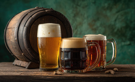 An image showcases a wooden barrel and a selection of beer glasses filled with various brews. The scene highlights the contrasting textures of wood and glass. Soft lighting illuminates the arrangement against a dark green backdrop. Suitable for advertising, editorial content, and materials related to beverages.の素材