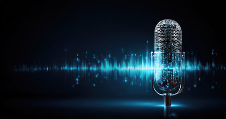 A close-up view presents a classic silver microphone emanating digital sound waves. The visual features vibrant blue tones with a dark background creating contrast. The composition highlights the microphone as the main subject. This image may be suitable for creative projects, audio-related content, or design assets.の素材