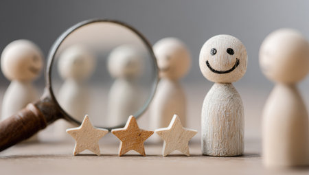 A close-up captures a wooden figure with a smiling face alongside other figures and star shapes. A magnifying glass rests in front, the focus is on a central figure. Soft lighting and shallow depth of field create a warm, inviting feel. Suitable for marketing, advertising, and business concept illustrations.の素材