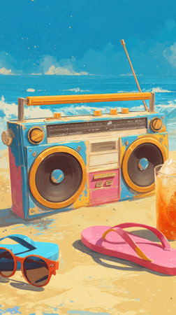 An illustration depicts a retro-style radio set against a beach scene. The composition features a vibrant color palette, including blue, yellow, and pink, creating a sunny atmosphere. Additional elements are sunglasses, flip-flops, and a refreshing beverage. Suitable for various creative and commercial applications.の素材