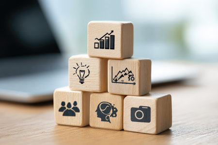 A stack of wooden cubes displays various business-related icons, including graphs, light bulbs, and people silhouettes. The composition showcases a selective focus, with warm lighting highlighting the natural wood texture. This image could be used for illustrating concepts related to business, strategy, and innovation in a commercial context.の素材
