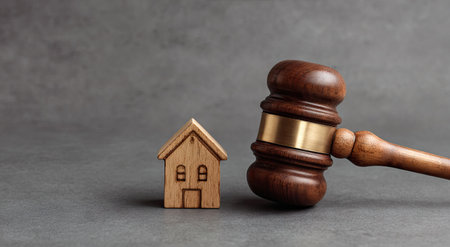 A wooden miniature house sits beside a gavel against a neutral grey background. The image showcases a close-up with soft lighting, highlighting textures and shapes. This composition suggests concepts related to property, legal proceedings, and the real estate sector. Suitable for use in articles, websites, and marketing materials.の素材