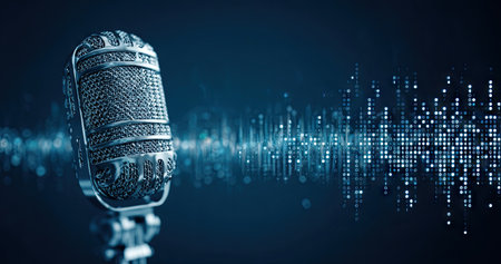 An antique microphone is the central element of this image, set against an abstract sound wave pattern. The color palette primarily uses shades of blue. This composition may be suitable for various editorial and commercial applications, representing audio, recording, and broadcasting concepts.の素材