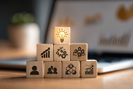 A stack of wooden blocks displays various business-related icons, including a light bulb, growth charts, and figures. The image showcases a warm, natural aesthetic with soft lighting, suggesting a workspace or a learning environment. This visual concept could be used to illustrate business strategies or innovation. It is suitable for commercial and editorial use.の素材