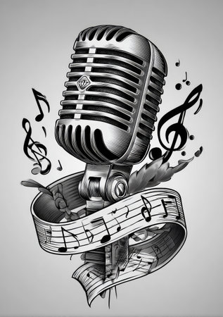 This black and white illustration showcases a vintage microphone surrounded by musical notes and a ribbon. The design features a detailed, shaded style with various curved lines and textures, creating a sense of depth and dimension. Suitable for projects related to music, performance, or entertainment, it can be used in various commercial applications.の素材