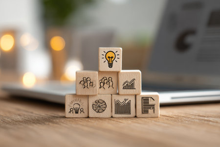 A collection of wooden blocks displays various business-related icons, stacked on a wooden surface. The composition features a blurred background that includes a laptop and bokeh lights. This suggests an indoor setting with daylight. The image may be suitable for illustrating concepts of business, strategy, and innovation.の素材