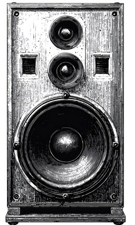 An illustration of a vintage speaker in black and white against a clean white backdrop. The speaker features a large central woofer, two smaller mid-range drivers, and a tweeter. The wooden cabinet exhibits a textured surface, and the entire design is rendered in a detailed, classic style suitable for various design projects and editorial content.の素材