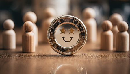 A close-up view presents a smiling face emblem amidst several blurred wooden figures, suggesting a concept of community. The scene displays a warm color palette with soft lighting and a shallow depth of field, which emphasizes the emblem. Potential applications for the image include marketing, customer service, or business-related themes.の素材