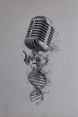 An illustration features a vintage-style microphone combined with a DNA helix element. The artwork is monochromatic, displaying shades of gray with a textured appearance. The composition includes musical notes, suggestive of music recording or artistic creation. This image is suitable for various commercial or editorial uses, such as posters or website elements.の素材