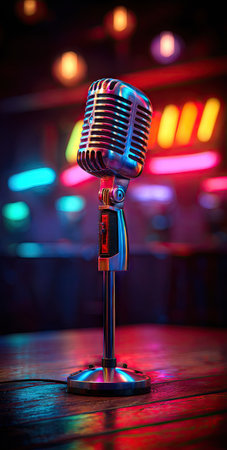 A close-up view presents a classic, silver microphone placed on a stage, illuminated by vivid, multicolored lights. The composition highlights the microphone's retro design. The lighting suggests an indoor setting, possibly a concert or performance space, suitable for various promotional and creative applications.の素材