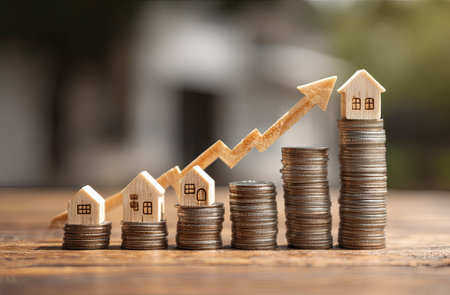 A symbolic arrangement features small wooden houses stacked atop piles of coins, linked by a golden arrow indicating upward movement. The composition displays warm tones and soft lighting, creating a sense of prosperity. Suitable for illustrating financial concepts, investments, and economic progress, it is ideal for commercial applications.の素材