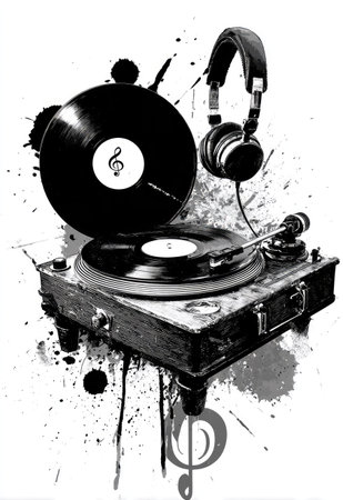 An artistic illustration presents a vintage turntable accompanied by headphones and vinyl records. The image features a monochromatic color scheme with splashes of black against a white backdrop. The composition suggests a studio setup, ideal for editorial content or commercial applications related to music and audio.の素材