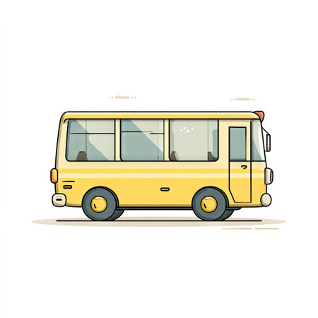 A cartoon-style illustration depicts a yellow school bus on a white background. The bus features a simple design with windows, wheels, and a door. The image is brightly colored with clean lines. It can be used in various commercial applications related to transportation, education, or children's content.の素材