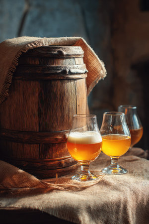 The image features a wooden barrel with glasses of beer. The scene showcases a rustic aesthetic with warm colors and soft lighting, creating a vintage ambiance. The composition highlights the textures of the wood and glassware. Suitable for commercial use related to beverages, brewing, and pub themes.の素材
