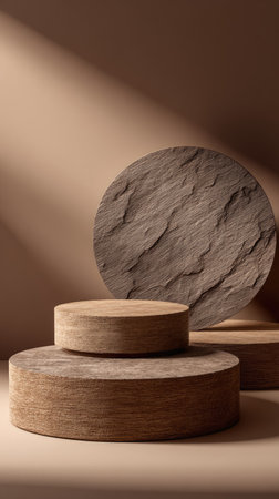 This image presents wooden platforms of varying sizes and heights. The composition emphasizes the textures and details of the wood grain, which are illuminated by soft light and shadows. This design, staged against a plain background, is suitable for product displays, advertising or promotional content, offering a professional visual.の素材