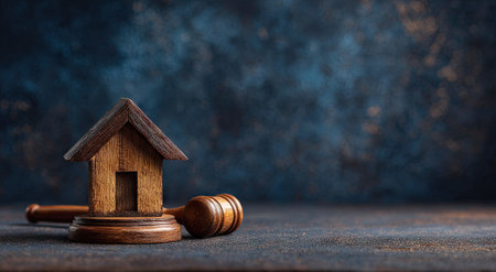A wooden miniature house rests upon a wooden gavel in this conceptual image. The composition features warm tones against a dark, textured background. The lighting highlights the objects. It could be suitable for illustrating topics related to property, real estate, legal proceedings, and financial investments.の素材