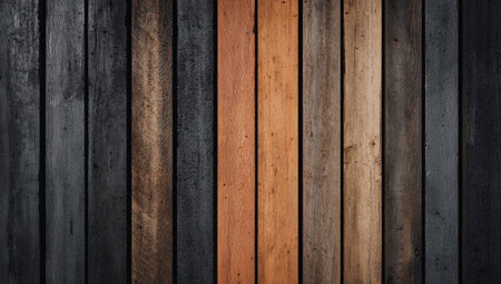 This image features a collection of vertical wooden planks with varying shades and textures. The composition offers a detailed view of the wood's grain and color variations. Suitable for various design uses, including digital backgrounds and textures, the image presents potential for commercial or editorial applications.の素材
