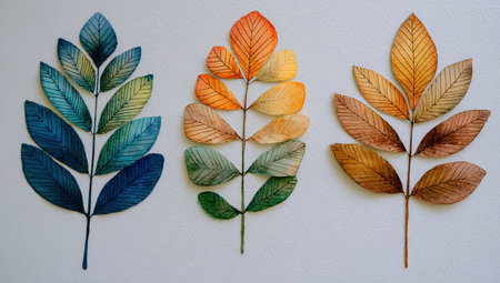 Three watercolor illustrations depict detailed leaf arrangements showcasing a range of warm and cool color palettes. The leaves are rendered with fine detail against a simple white backdrop. This image could be used in design projects, educational materials, or decorative art applications.の素材