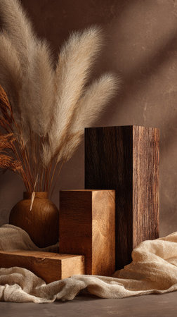 Three wooden pedestals of varying sizes are arranged in an indoor setting. Soft, natural lighting highlights the textures of the wood and linen fabric. Pampas grass adds a touch of nature, creating a warm, inviting scene suitable for product displays or editorial content.の素材