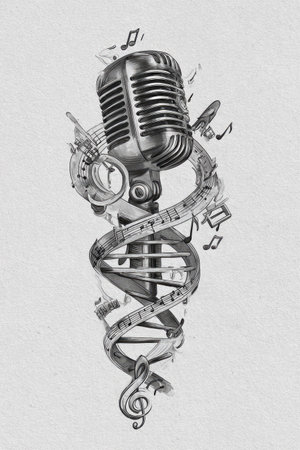 This black and white graphic design features a vintage microphone entwined with musical notes. The artwork employs shading to create depth and dimension. It is presented on a plain background, lending itself to a variety of applications including music-related projects, promotional materials, and artistic endeavors.の素材