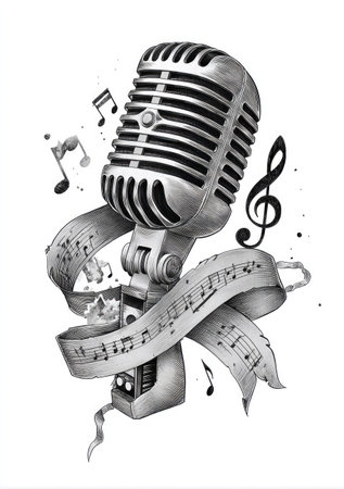 An illustration depicts a classic microphone design entwined with a scroll featuring musical notes and symbols. The monochrome artwork displays detailed shading, creating depth and a vintage aesthetic. This graphic could be used in various commercial applications related to music or artistic expression, with copy space available.の素材