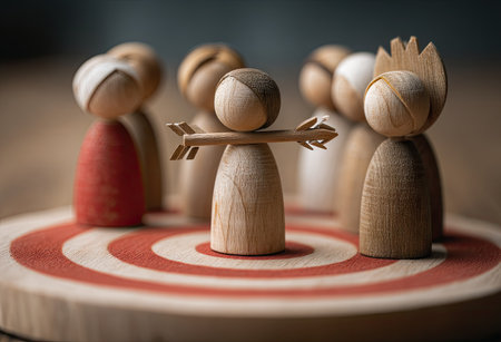 A close-up photograph displays wooden figures arranged on a target board. The figures, predominantly brown, are arranged as a group. One figure stands out, with an arrow through it, emphasizing a concept of aiming. The composition is well-lit, suggesting a studio setting. This image could be useful for illustrating teamwork, strategy, or achievement.の素材
