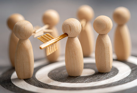 A close-up captures wooden figures arranged around a target board. One figure has an arrow through its head. The composition highlights a focused perspective with neutral tones. This image may be suitable for illustrating concepts of business, competition, or strategic planning in a commercial setting.の素材