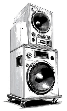 An illustration depicts a stacked speaker system in black and white. The composition features two large speakers, various controls, and a wheeled base. The image uses contrasting tones to highlight details, suitable for various editorial and commercial projects. It suggests a retro or vintage aesthetic.の素材