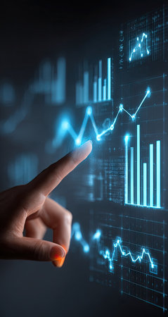 A hand points at a glowing, futuristic data visualization display. The image uses shades of blue with bright accents. The composition focuses on digital graphs and charts rendered with a modern aesthetic, possibly depicting business or technological information. It could be used for illustrating finance, analysis, or technology concepts.の素材
