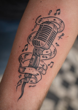 A detailed tattoo design showcases a classic microphone surrounded by musical notes and a ribbon. The artwork is rendered in grayscale, featuring intricate linework and shading. This studio shot displays a close-up perspective and could be used for editorial purposes or design assets.の素材