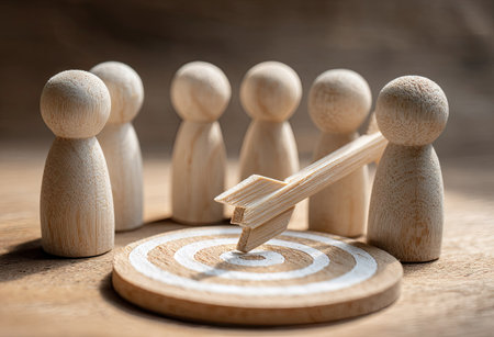 A close-up view presents wooden figurines surrounding a target with an arrow. The light-toned wooden objects rest on a surface. The composition uses a shallow depth of field, emphasizing the central elements. This image may be used for concepts of teamwork, goal setting, or business strategy.の素材
