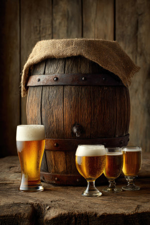 An aged wooden barrel is the focal point, with a burlap cover, alongside several glasses of frothy beer. The amber liquid contrasts with the wooden texture, and the composition uses soft lighting. This image may be suitable for advertising, promotional content, or editorial illustrations.の素材