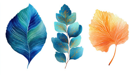 Three vibrant watercolor leaves are displayed against a clean white backdrop. They present diverse shapes, with rich textures and a gradient color palette of teal, blue, and gold tones. The style suggests artistic botanical illustrations suitable for design, decorative uses, and various creative projects.の素材