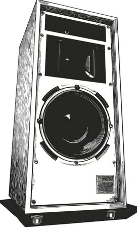 This graphic illustration presents a detailed view of a vintage speaker. The speaker features a boxy design with a large circular driver visible, surrounded by other elements. The monochrome style creates a contrasting effect, which might find applications in advertising or editorial material.の素材