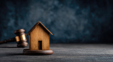 A wooden house model sits on a dark surface next to a gavel. The image showcases a shallow depth of field, with soft lighting and a blurred background. The scene suggests concepts of real estate, law, and property rights. Suitable for commercial and editorial purposes.の素材
