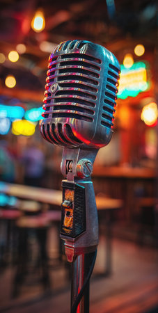 An antique microphone, positioned on a stand, is featured prominently. The image showcases the microphone's metallic finish and intricate design. The background, blurred, suggests an indoor setting with ambient lighting. This visual can be suitable for various commercial uses, including music-related projects or artistic designs.の素材