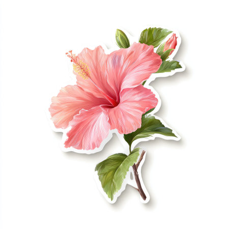 A vibrant watercolor illustration depicts a single hibiscus flower. The image showcases a pink bloom with intricate petal detail and green leaves. The composition is simple, set against a plain white background, and may be used for various design projects, including digital art or print media.の素材