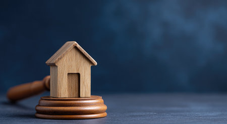 A wooden house model rests on a gavel in this studio shot. The miniature building sits atop the round wooden stand, set against a dark blue backdrop. The lighting highlights the textures of the wood and creates shadows. This image could be used for various commercial projects related to property, auctions, or investments.の素材