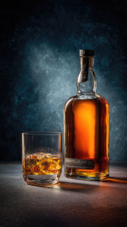 A bottle of amber liquid stands beside a glass filled with ice cubes, suggesting a drink. The image displays a soft lighting casting shadows, adding depth. The composition includes a dark background. This image could be used for advertising purposes or editorial content.の素材