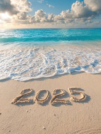 The image features the year 2025 written in the sand on a beach. Turquoise ocean water meets a light-colored sandy shore under a partly cloudy sky. The composition showcases a close-up of the sand with the numbers, suggesting time passing and the future, suitable for various editorial and commercial applications.の素材