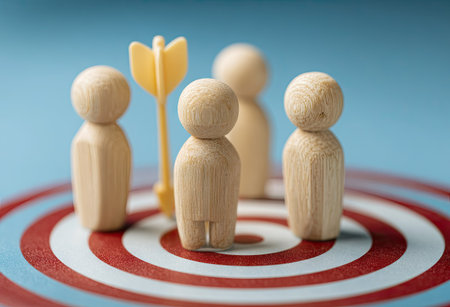A close-up view depicts wooden figures standing on a target, with an arrow in the center. The composition features a shallow depth of field, with soft lighting and a blue backdrop. The image evokes concepts such as teamwork, leadership, and strategic planning, making it useful for commercial projects.の素材