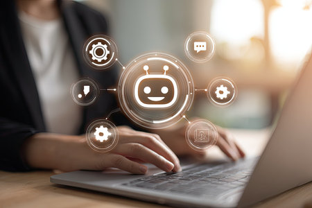 A person is typing on a laptop, surrounded by glowing chatbot interface elements. The image displays a modern, indoor environment with shallow depth of field. Soft lighting and a focus on the hands and screen create a digital, tech-focused aesthetic. Suitable for commercial applications such as articles on communication or artificial intelligence.の素材