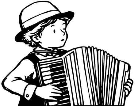 An illustration depicts a young individual holding and playing an accordion. The black and white image displays a person with a hat and vest. The instrument is prominently featured. Suitable for various editorial and commercial applications, the image is clean and simple. The subject is presented without a defined environment.の素材