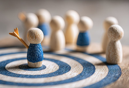 A group of wooden figures are arranged around a target, with one figure holding a small pointer, suggesting leadership or guidance. The figures wear blue tops. The composition uses a shallow depth of field, set on a wooden surface. The image could be used for business presentations, marketing materials, or editorial content.の素材