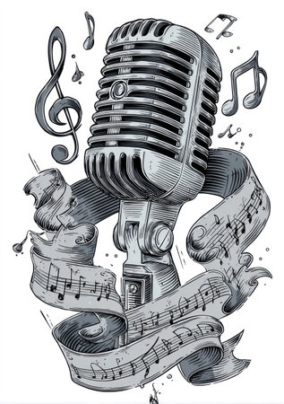 An illustration features a vintage-style microphone surrounded by musical notes and a scroll. The artwork uses grayscale tones, with detailed shading creating a textured appearance. This composition likely suits creative projects, music-related designs, or editorial content focused on audio or musical themes.の素材